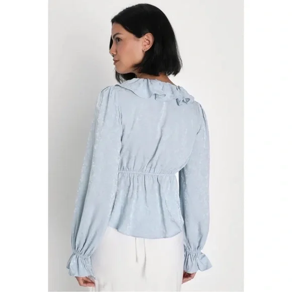 NWT LULUS Charming Style Light Blue Floral Satin Ruffle Long Sleeve Top Size L - Picture 2 of 10
